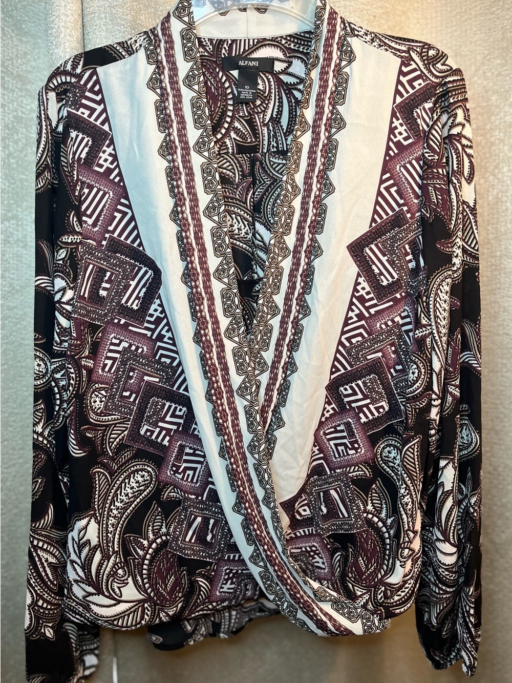 Alfani Crossover Surplice Blouse. Faux Wrao Front Long Sleeves Mosaic Print